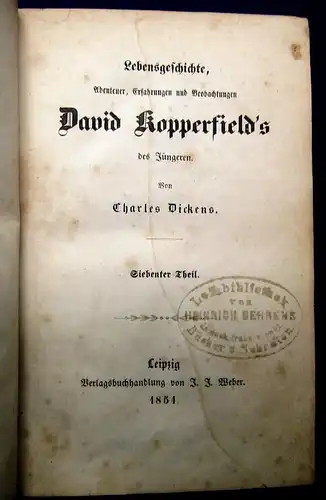 Dickens Lebensgeschichte David Kopperfield´s 1-10 komplett 1851 Belletristik mb