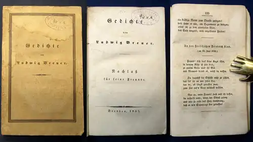 Breuer, Friedrich Ludwig Gedichte. Nachlaß für seine Freunde 1835 selten js