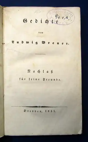 Breuer, Friedrich Ludwig Gedichte. Nachlaß für seine Freunde 1835 selten js