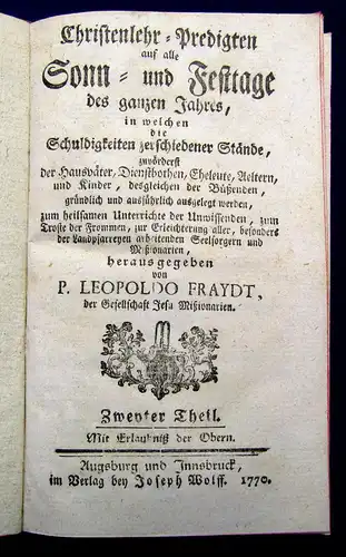 Fraydt Christenlehr-Predigten auf alle Sonn-und Festtage 1770 2 Bde Theologie mb