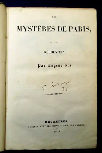 Eugene Sue Les Mysteres de Paris 1844 Geschichte Belletristik französisch mb