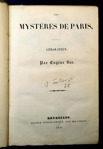 Eugene Sue Les Mysteres de Paris 1844 Geschichte Belletristik französisch mb