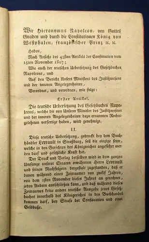 Napoleons Gesetzbuch Einzig, Königreich Westphalen selten 1808 js