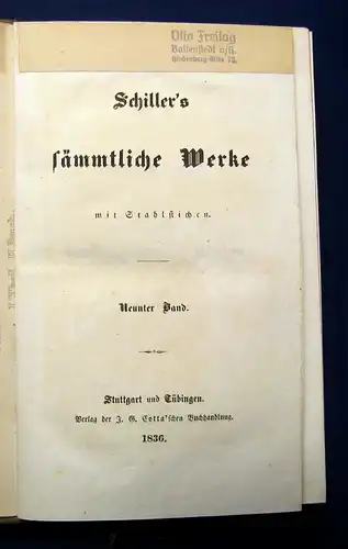 Schiller`s sämmtliche Werke 1-12 komplett 1835 dekorativer Halbleder Bildnis js