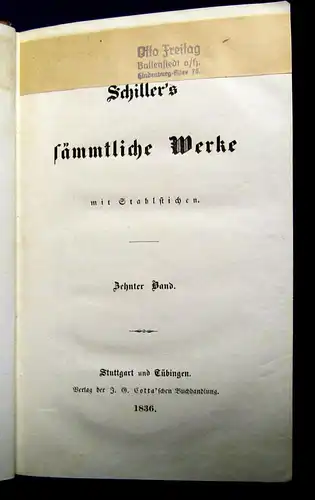 Schiller`s sämmtliche Werke 1-12 komplett 1835 dekorativer Halbleder Bildnis js