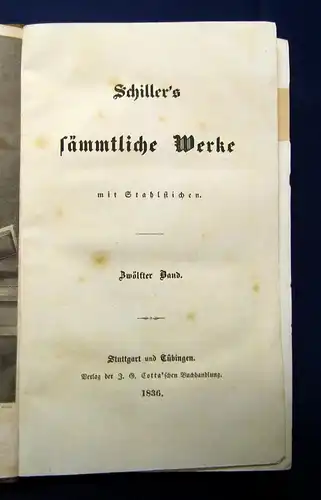 Schiller`s sämmtliche Werke 1-12 komplett 1835 dekorativer Halbleder Bildnis js