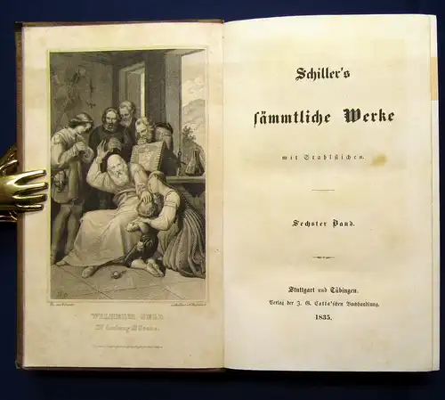 Schiller`s sämmtliche Werke 1-12 komplett 1835 dekorativer Halbleder Bildnis js