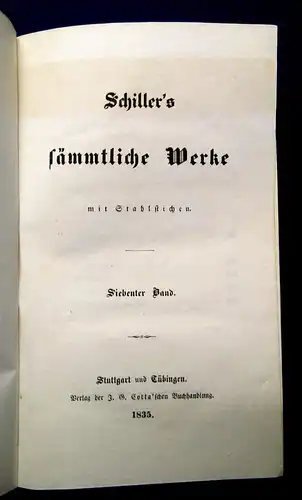 Schiller`s sämmtliche Werke 1-12 komplett 1835 dekorativer Halbleder Bildnis js