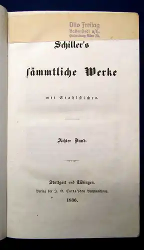 Schiller`s sämmtliche Werke 1-12 komplett 1835 dekorativer Halbleder Bildnis js