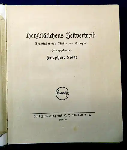 Siebe Herzblättchens Zeitvertreib 1922 Belletristik Erzählungen js