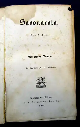 Lenau Savonarole Ein Gedicht 1844 Belletristik Lyrik Poesie mb