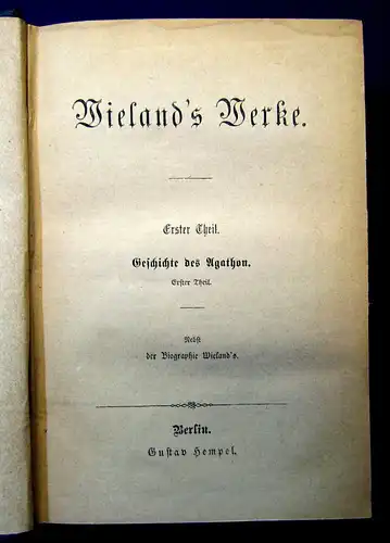 Wieland´s Werke Geschichte des Agathon um 1900 2 Bde Belletristik Lyrik js