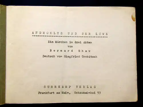 Shaw Androklus und der Löwe Ein Märchen in 3 Akten um 1960 Belletristik Lyrik mb