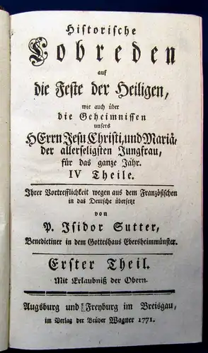 Sutter Isodor Historische Lobreden auf die Feste der Heiligen 4 Bde. in 2 1771 j