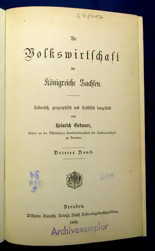 Gebauer Die Volkswirtschaft im Königreiche Sachsen 3. Band apart 1893  mb