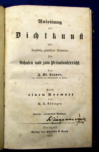 Zauper Anleitung zur Dichtkunst für Schulen u. Privatu. 1851 Selten Literatur mb