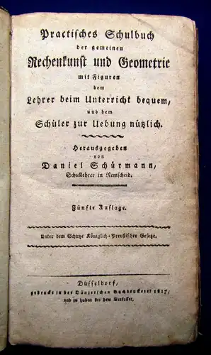 Schürmann Practisches Schulbuch Rechenkunst und Geometrie 1822 Mathematik mb