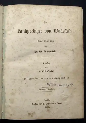 Goldsmith Der Landprediger von Wakefield Eine Erzählung 4 Bde. in 1 Buch 1853 js