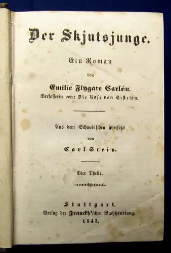 Emilie Fingare Carlen Der Skjutsjunge Waldemar Klein 2Bde. in 1  1843 Roman am