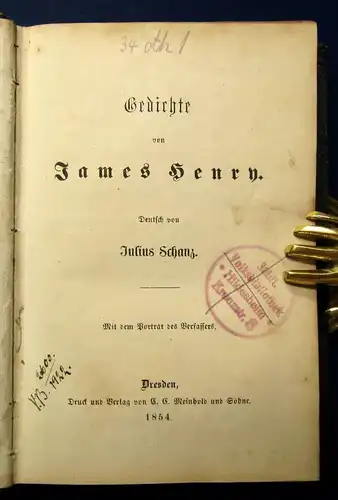 Gedichte von James Henry deutsch von Juilus Schanz 1854 Poesie Literatur js