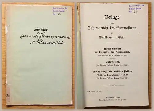 Jordan uW Beilage zum Jahresbericht des Gymnasiums Mühlhausen 1909 Thüringen xz