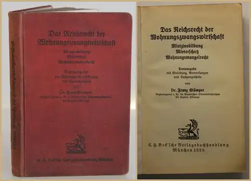 Stümper Das Reichsrecht der Wohnungszwangswirtschaft 1926 Rechtwissenschaft sf