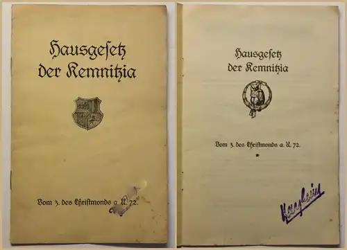 Original Prospekt Hausgesetz der Kemnitzia um 1920 Geschichte Sachsen Recht sf