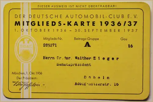 Orig. Mitglieds-Karte 1936/37 Deutscher Automobil-Club e.V. Auto Verkehr sf