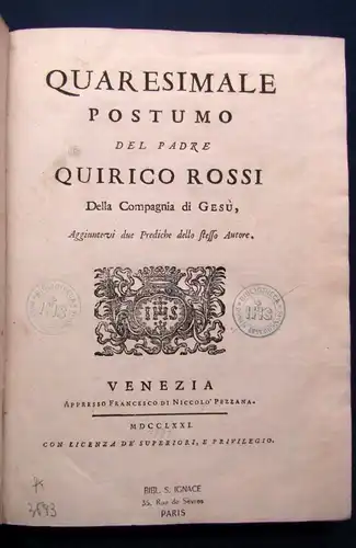 Rossi, Quirico Quaresimale Postumo Del Padre 2  werke in 1 Band 1771 js