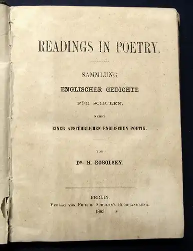 Robolsky Readings in Poetry Sammlung englischer Gedichte für Schulen 1863 j