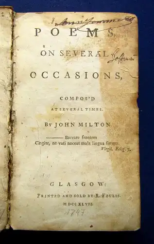 Milton John, Poems on Several Occasions 1747 Belletristik Lyrik Poesie js