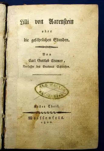 Cramer Lilli von Varenstein o. die gefährlichen Stunden 2 Bde. in 1 EA 1809