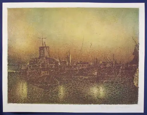 Farbradierung von Wolfgang Beier "Alter Hafen" um 1988 Druckgrafik Zeichnung sf