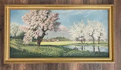 Hans Klemm Dörfliche Landschaft "Frühling in der Lausitz" signiert 74,5 x37cm js