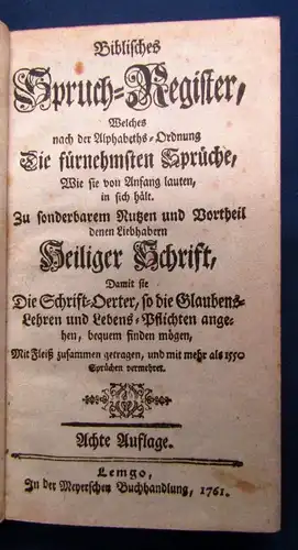 Biblisches Spruch- Register Zum besonderen nutzen der heiligen Schrift 1761 js