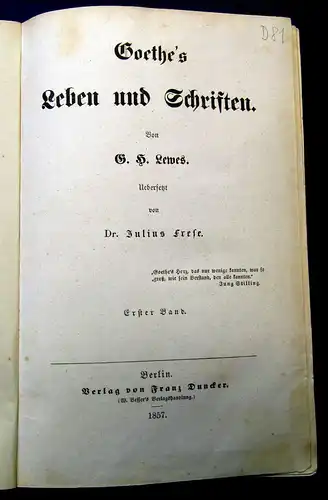 Lewes Goethes Leben und Schriften 2 Bde 1857 Geschichte Gesellschaft mb