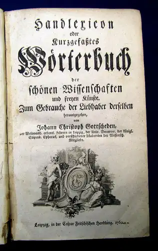 Handlexicon der schönen Wissenschaften und freyen Künste 1760 Nachschlagewerk mb