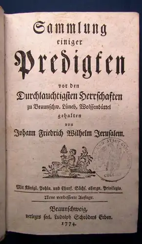 Jerusalem Sammlung einiger Predigten 1774 Theologie 2 Teile in 1 Band js