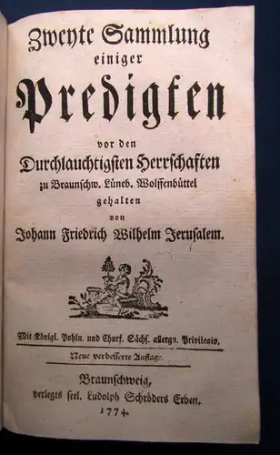 Jerusalem Sammlung einiger Predigten 1774 Theologie 2 Teile in 1 Band js