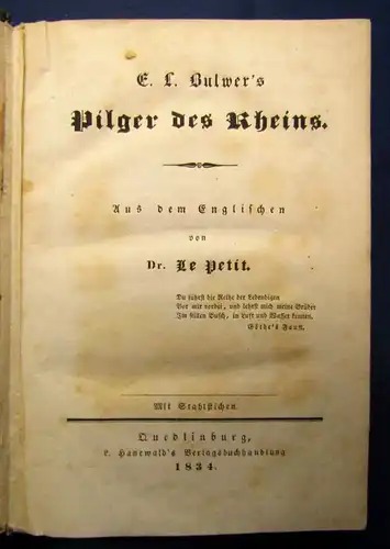 Bulwer`s Pilger des Rheins 1834 Erzählung Belletristik Literatur js