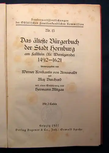 Burchard Das älteste Bürgerbuch der Stadt Hornburg am Fallstein 1937 js