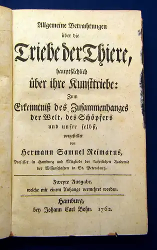 Reimarus, H.S. 1762 Allgemeine Betrachtungen über die Triebe der Thiere am