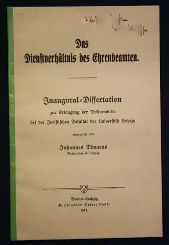 Timaeus Das Dienstverhältnis des Ehrenbeamten 1913 Recht Wissen Studium sf
