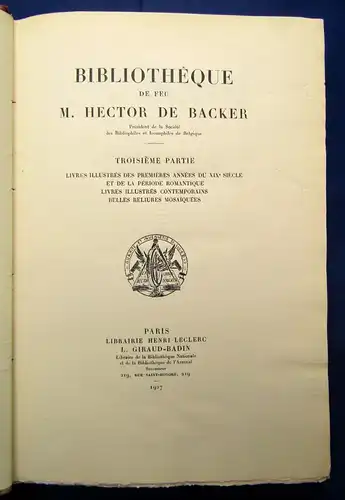 Lefranc Bibliotheque De feu M. Hector De Backer 1926-1928 7 Bände in 3 HLdr. js