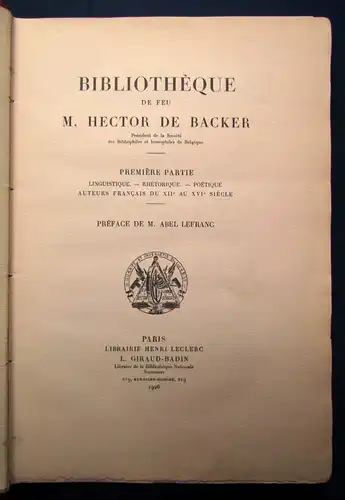 Lefranc Bibliotheque De feu M. Hector De Backer 1926-1928 7 Bände in 3 HLdr. js