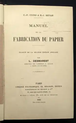 Desmarest Manuel de la Fabrication du Papier 1902 Technik Altes Handwerk js