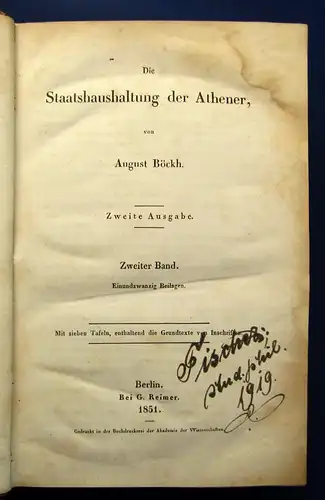 Böckh Die Staatshaushaltung der Athener 2 Bde. (v.3) 1851 Gesellschaft Politik j