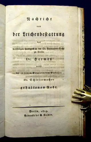 Schleiermacher Hermes Nachricht von der Leichenbestattung 1819 selten Medizin mb