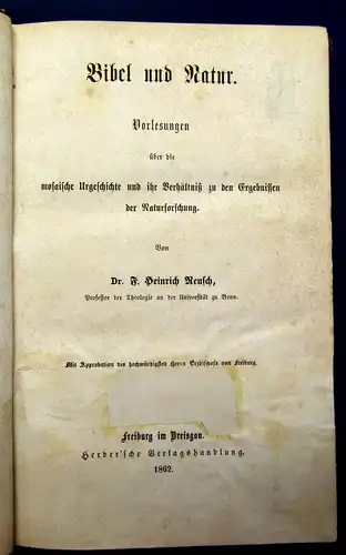 Reusch Bibel und Natur 1862 Theologie Religion Naturforschung mb