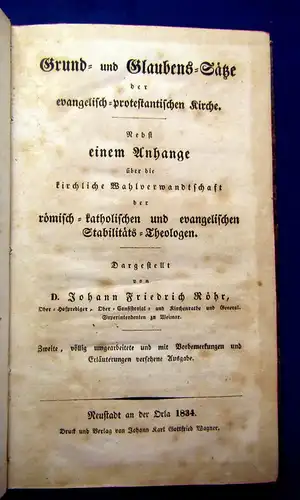 Röhr Grund- und Glaubens-Sätze der evang.-protest. Kirche 1834 Theologie mb